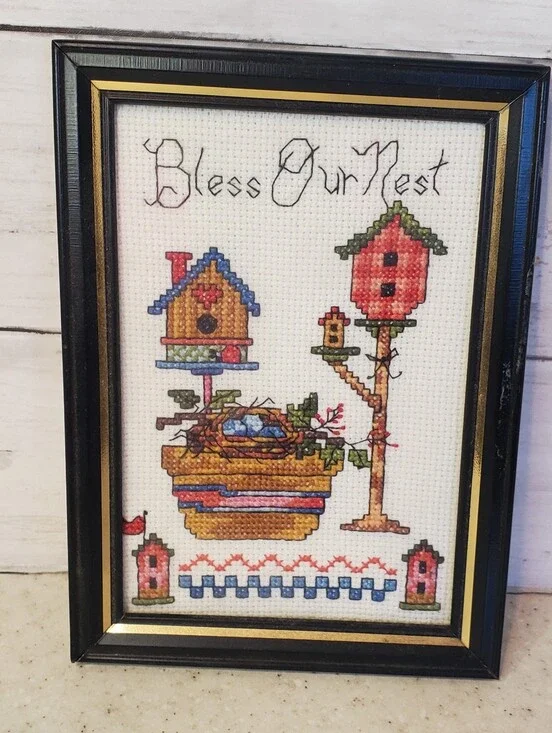 Vintage Handmade Cross Stitch Framed Bless Our Nest Birdhouse Needlepoint Cottag