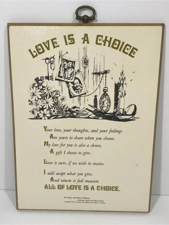 Vintage 70’s Love Is A Choice Wall Plaque - Cream and Gold