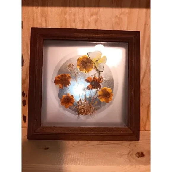 Vintage MCM Frosted Glass Mirror Framed Dried Flower And Butterfly Arrangement