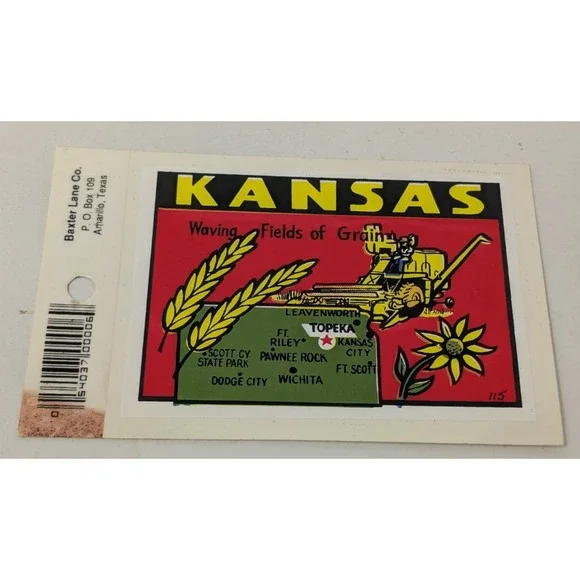 Vintage Kansas State Waving Fields of Grain Travel Decal Baxter Lane Farmer Art‎