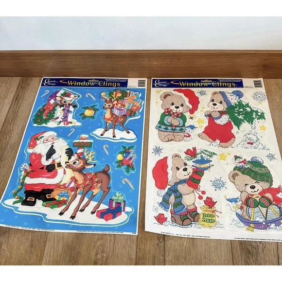 VTG 2000's (2) Christmas Window Clings Decals‎ Santa Reindeer Teddy Bears