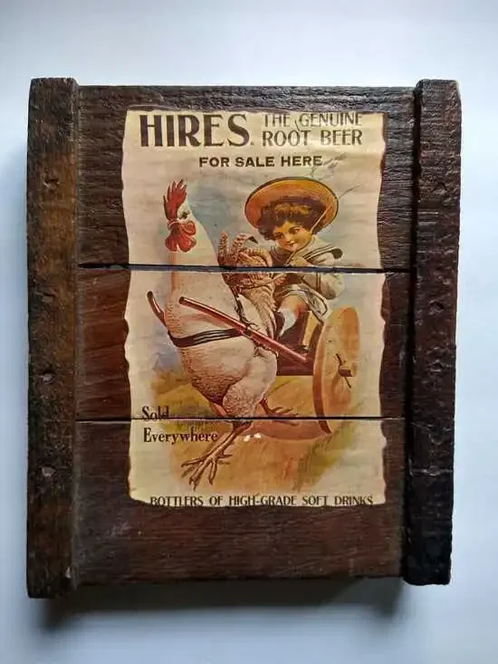 Vintage Hires Root Beer Wooden Sign - Child Riding a Rooster, Rustic Soda Decor