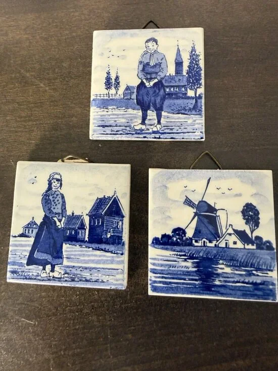 Vintage Lot Of 3 Handpainted DELFT BLUE TILES 2