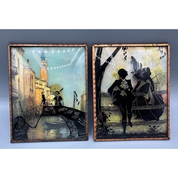 Vtg Reverse Paint Silhouette‎ Pictures Framed Copper Tone Pair Gondola Courting
