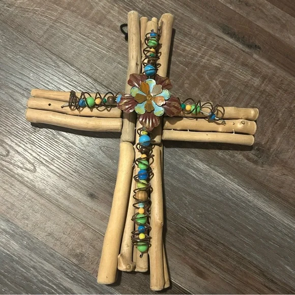 $19 sale handmade wall hanging cross rustic driftwood sticks colorful bead wire