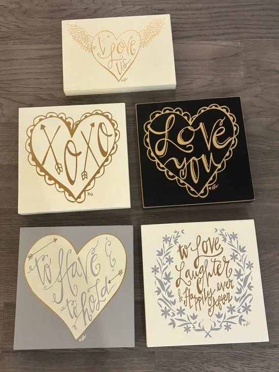 💛🤍Set of 5 Wood Wall Decor Signs- Gold Script Heart Wall Art Set - Love & XOXO🤍💛