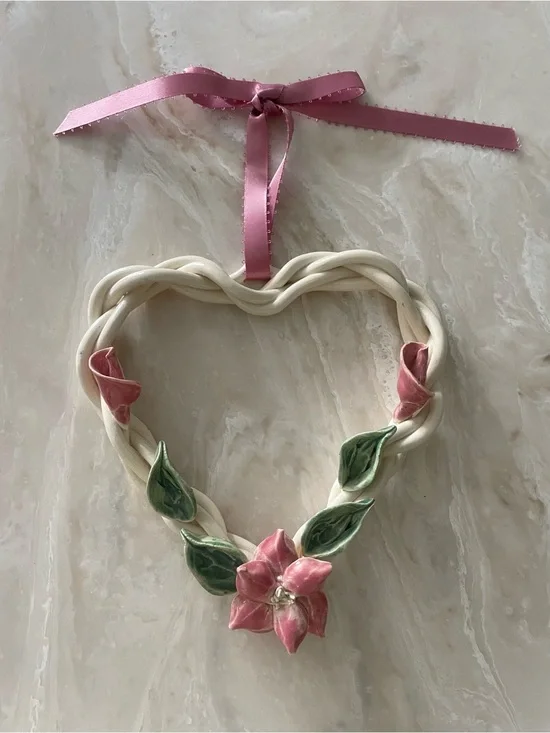 Pottery Ceramic Braided Heart Lily Pink Flowers Green Leaves Ribbon Hanging