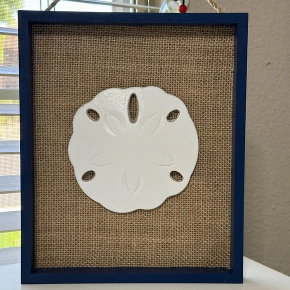 Navy Framed Burlap Wall Art with White Sand Dollar Accent