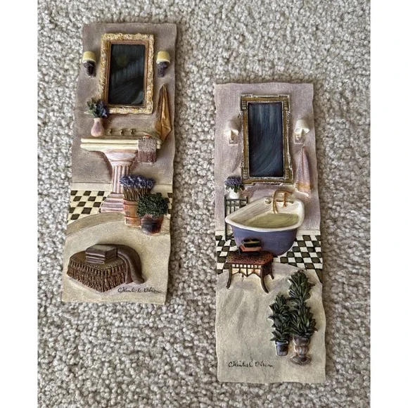 Vintage C. Winterle Olson 3D Bathroom Wall Art Plaque Set 1990s Relief Decor