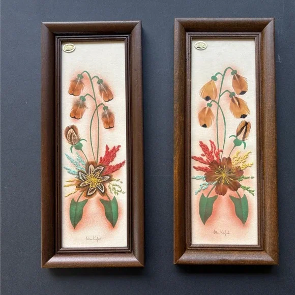 Vintage Ellen Kiefert Prairie Pictures Feather Art Floral Framed Set of 2 MCM