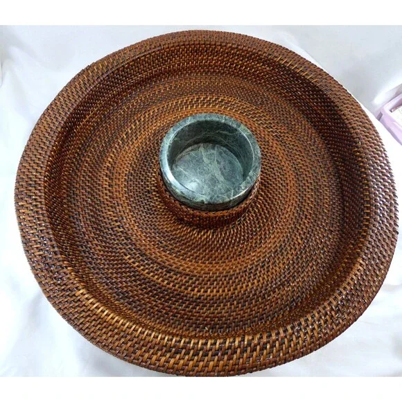 Williams Sonoma Woven Chip & Dip Green Marble Serving Tray Bowl  Mint