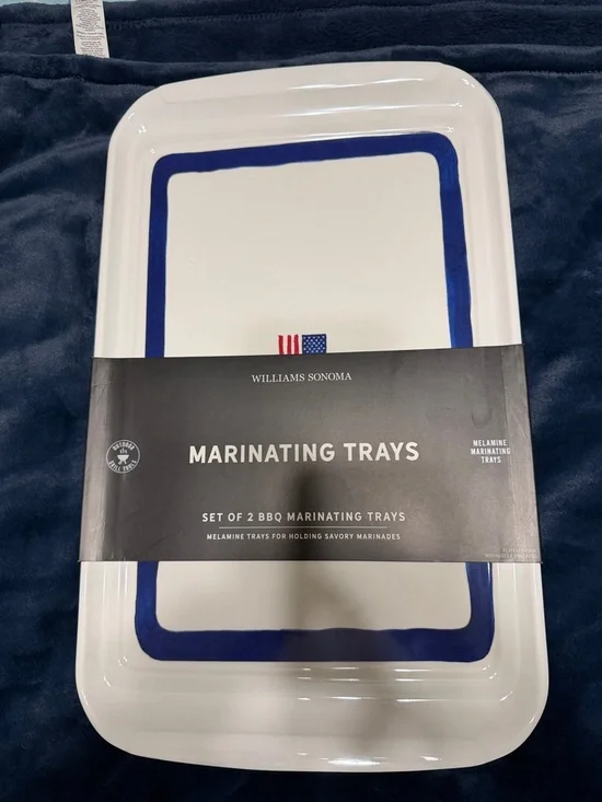 Williams Sonoma White Set of 2 BBQ Marinating Trays with Navy Trim and Flag