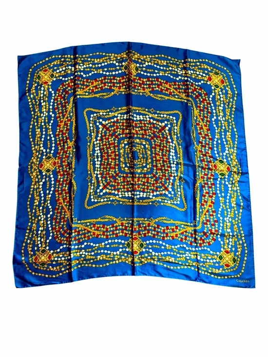 CHANEL Gripoix Blue Silk Scarf with Gold Chain and Red & Green Medallions