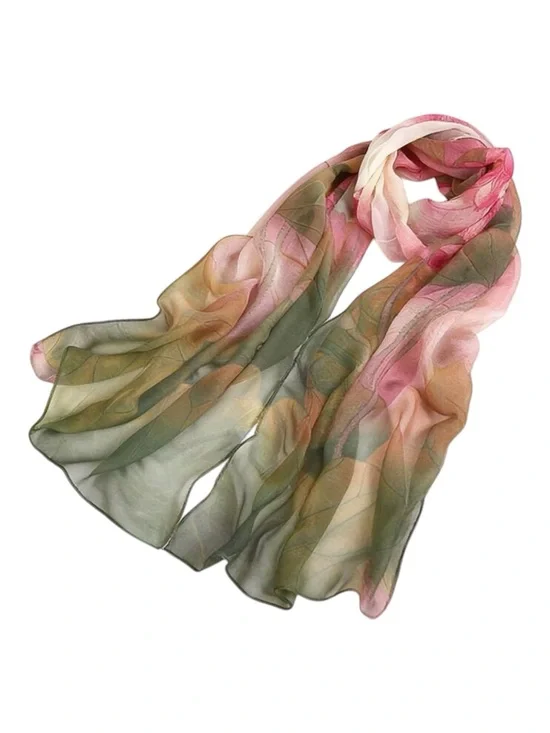 Silk Floral Watercolor Scarf in Pink and Green