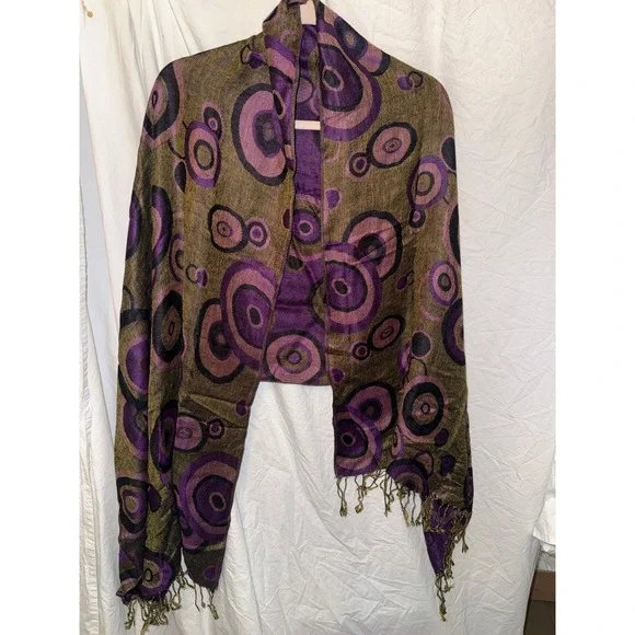 D&G Pashmina Cashmere Silk Scarf Purple Gold Circle Print Fringe Wrap Shawl