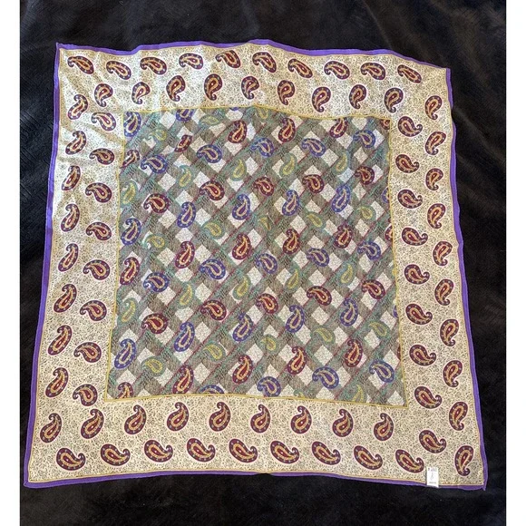 OSCAR DE LA RENTA Vintage SILK SCARF Pure Silk Paisley Purple Border 29x29 Japan