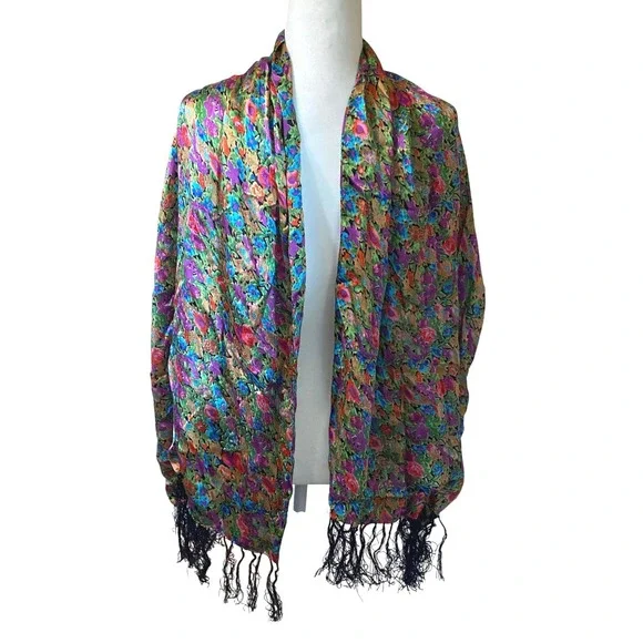 Vintage 100% Silk Floral Scarf Multicolor Botanical Print Fringe Trim Wrap 74x22