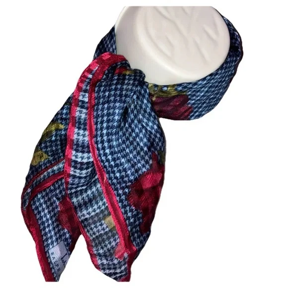 Ralph Lauren Houndstooth Rose 100% Printed Silk Blue Red Scarf Purse Tie 21”x21”