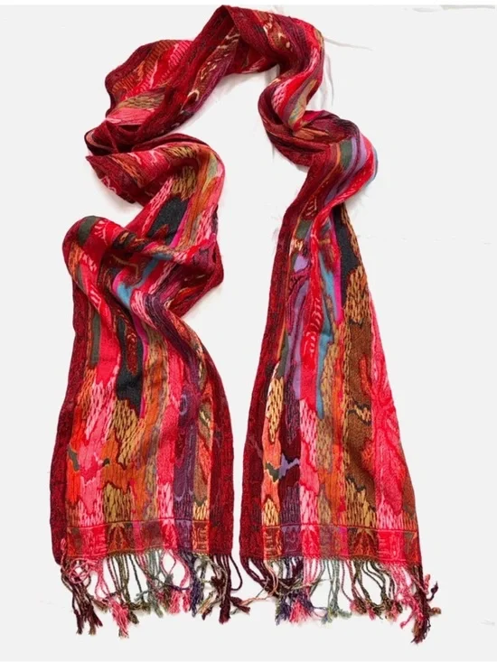 Silk Viscose Fringe Scarf Wrap Shawl Red Multicolor Boho Festival Lightweight