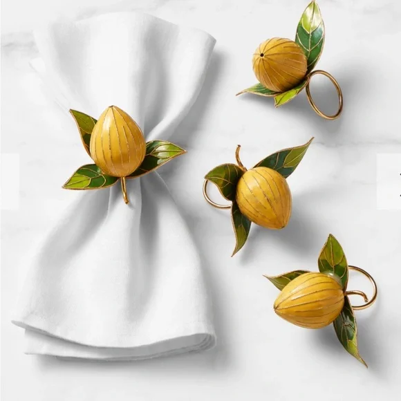Williams Sonoma Yellow Lemon and Green Leaf Napkin Rings (Set of 4)