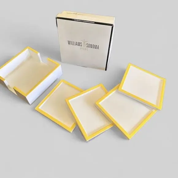 Williams Sonoma Coaster Set Of 4 Square White W/Yellow Trim Open Box