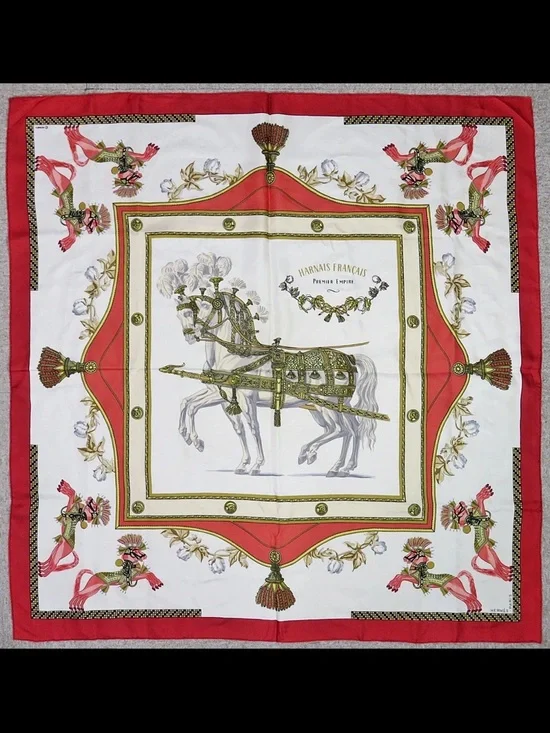 Hermes White Red and Gold Horse Harness Silk Scarf