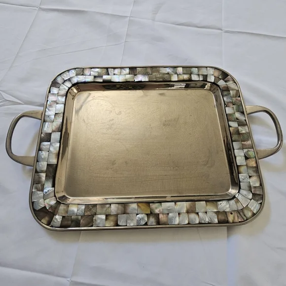 Williams Sonoma Mother of Pearl Abalone Large Tray Silver Tone Rare Retired 2015