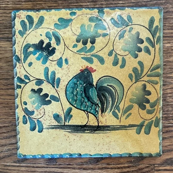 Williams Sonoma Trivet Tile Hand-Painted Rooster Ceramic in Teal and Gold