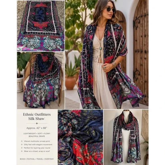 Ethnic Outfitters Silk Shawl Scarf 42x88 Multicolor Ornate Boho Festival Wrap‎