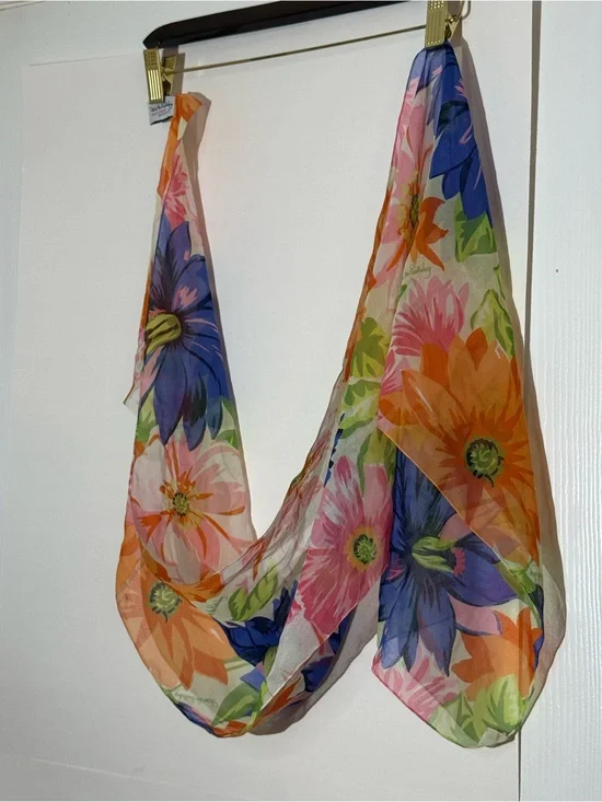 Diane Von Furstenberg Orange, Pink and Cream Floral Silk Scarf