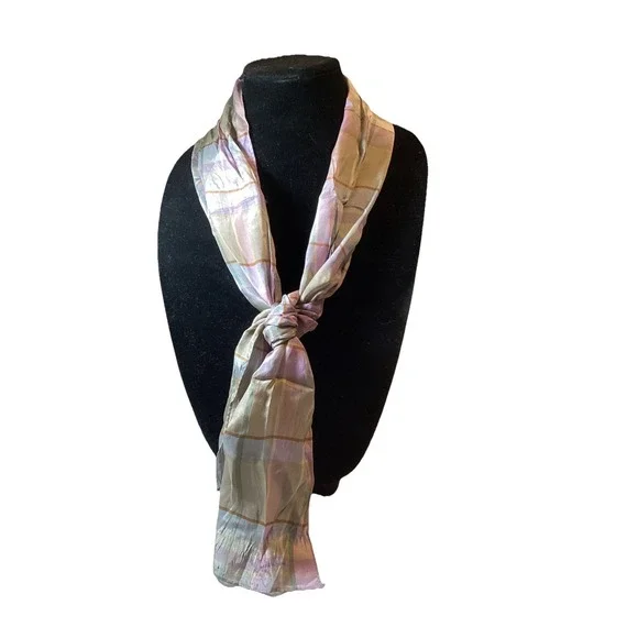 Vintage Liz Claiborne Silk Scarf Lavender Sage Cream Plaid‎ Retro 52