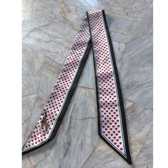 Heart Print Skinny Scarf w Giraffe Graphic Red White Black Twilly Bag Tie 36in