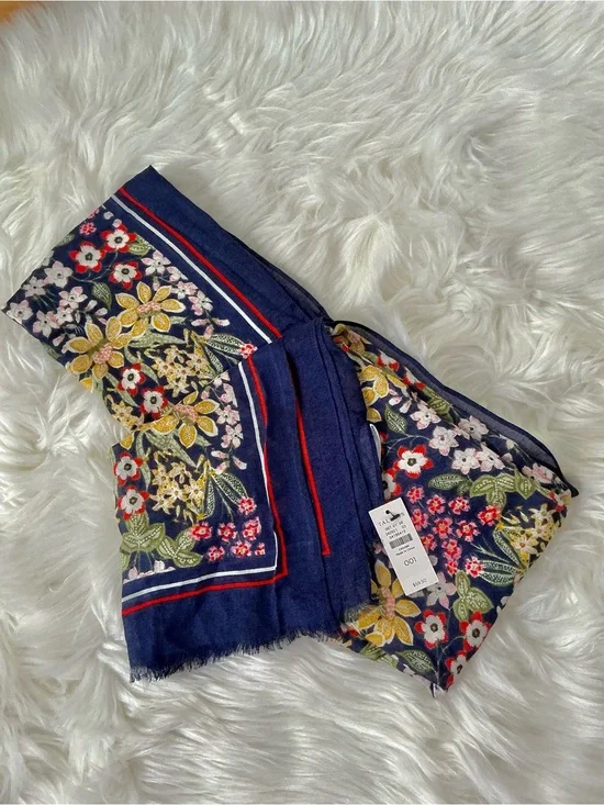 NWT Talbots Navy Floral Silk Blend Scarf with Red and Yellow Blooms