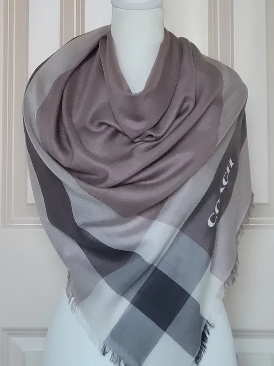 Coach Gray & Taupe Plaid Silk-Blend Square Scarf