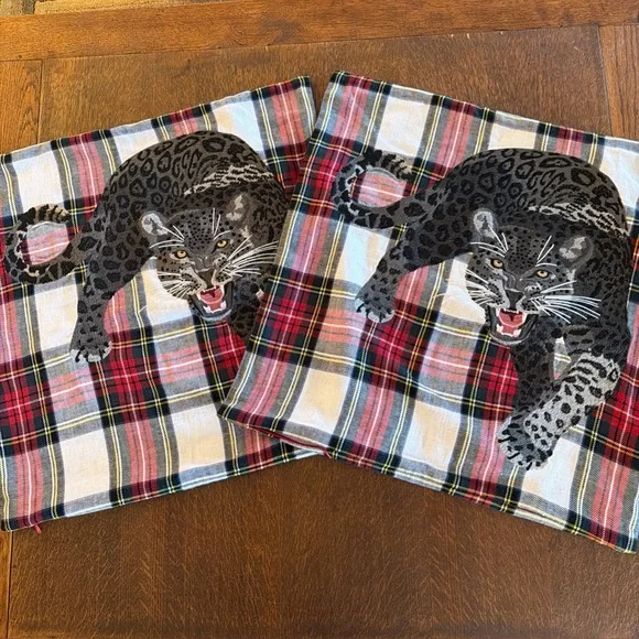 PAIR-Panther embroidered tartan pillow covers William Sonoma home