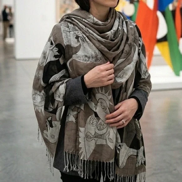 Picasso Guernica Print Scarf, Taupe Black Oversized Rectangle Silk Cotton Blend