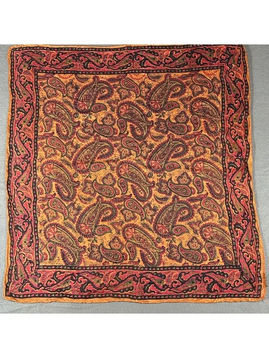 Vintage Paisley Patterned Silk Square Scarf with Orange and Red Tones