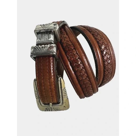 Tony Lama Mens 38 Leather Braided Belt Cognac Engraved Silver Buckle Western Cow