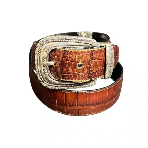 Onyx Brighton Reversible Belt‎ Unisex M Black Brown Faux Crocodile Silver Buckle