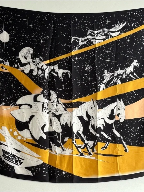 Space Derby Graphic Satin Silk Scarf in Black, White & Gold