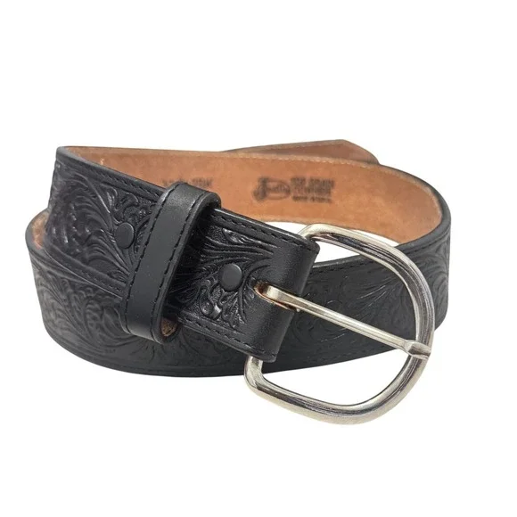 Justin Western Belt Men 30 Black Excellent‎ Floral Tooled Leather USA 242BK