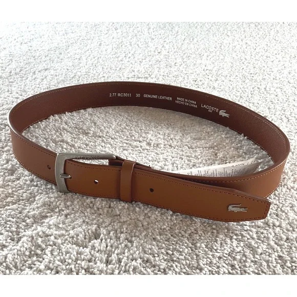 Lacoste Mens RC3011 Tan Brown Genuine Leather Belt Size 30 Crocodile Logo NEW‎
