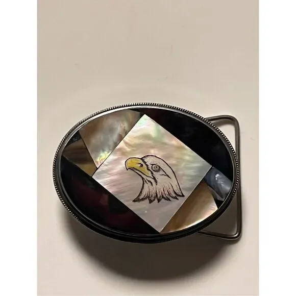 Vintage Abalone & Black Onyx Inlay Eagle Head Belt Buckle