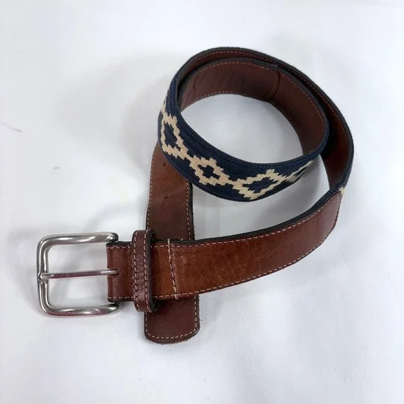 Gaucho Life Pampas Polo Belt Brown Leather Navy Blue Woven Diamond Size 30