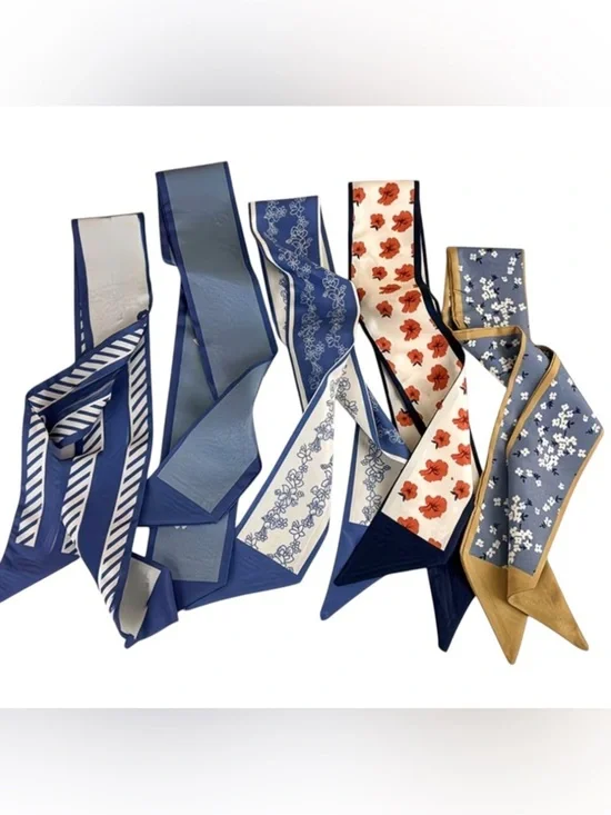 NWT Set of 5 Parisian Chic Silk-Feel Twilly Scarf Bundle Floral Stripe Twillies