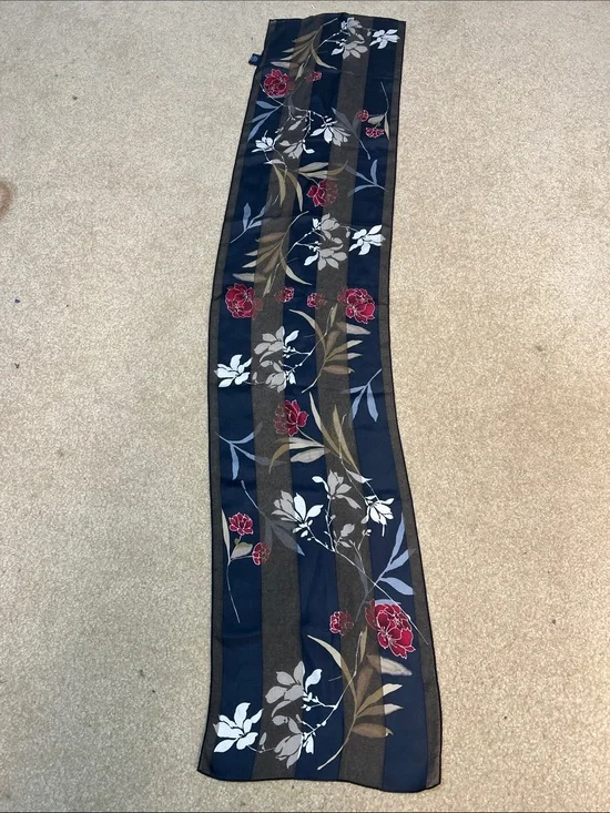 Charter Club 100% Silk Floral Oblong Scarf Navy Burgundy Brown