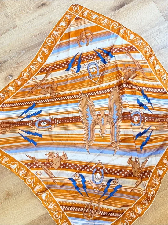 100% Silk Southwest Wild Rag Cowboy Hand Stitched Scarf Lightning Bolt Horse