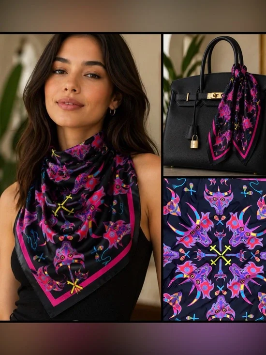 Meridiano 67º Diabladas 100% Real Silk Luxury Foulard Mythical 19” Square Scarf