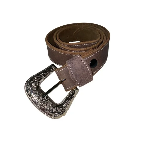 F&L Classic Brown Full Grain Leather Western Belt Silver Engraved Buckle Mens 38