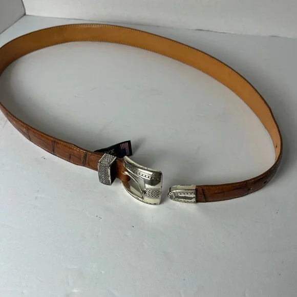 Onyx by Brighton Mens Brown Croc Embossed Leather Belt Silver Hardware Size 38